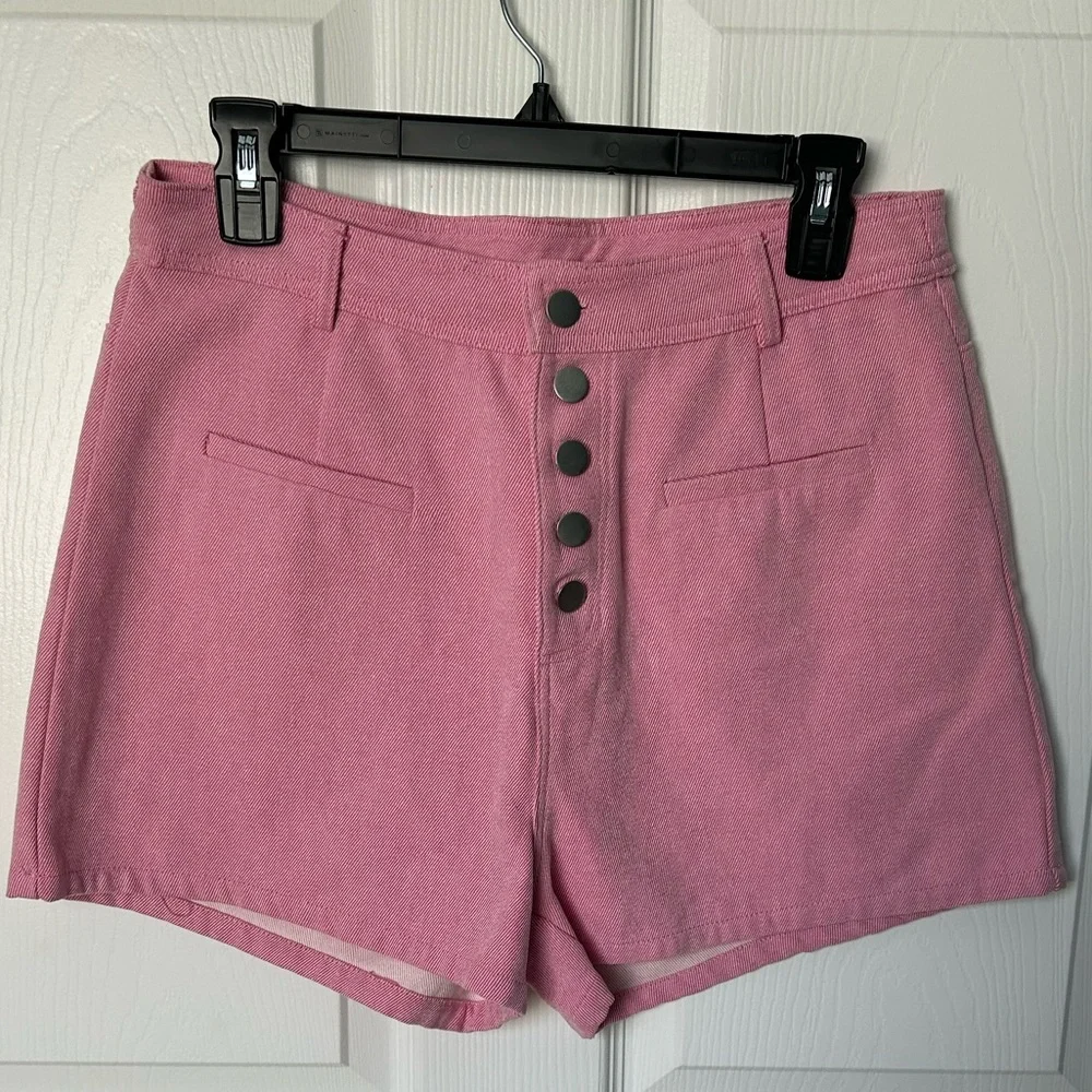 Cloud Ten High Rise Buttonfly Pink & White Pinstriped Denim Short Size L NWT - Picture 1 of 9
